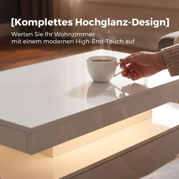 LED Couchtisch Mit Stauraum, Moderner 2 Ebenen Wohnzimmertisch Mit 2 Schubladen, Hochglanz Weiß