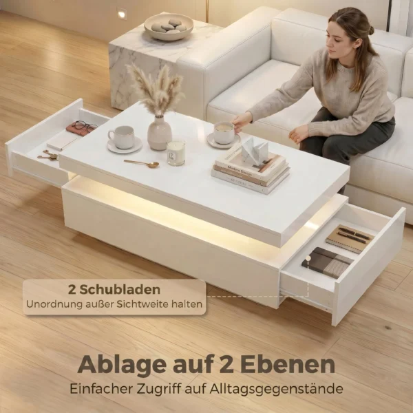 LED Couchtisch Mit Stauraum, Moderner 2 Ebenen Wohnzimmertisch Mit 2 Schubladen, Hochglanz Weiß