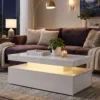 LED Couchtisch Mit Stauraum, Moderner 2 Ebenen Wohnzimmertisch Mit 2 Schubladen, Hochglanz Weiß
