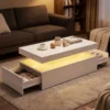 LED Couchtisch Mit Stauraum, Moderner 2 Ebenen Wohnzimmertisch Mit 2 Schubladen, Hochglanz Weiß