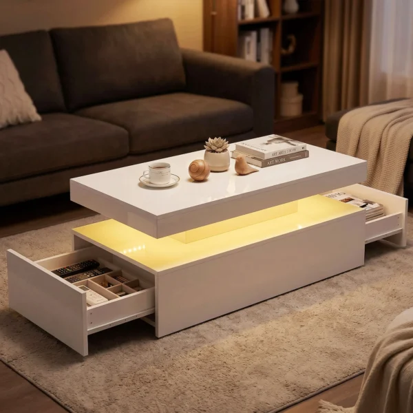 LED Couchtisch Mit Stauraum, Moderner 2 Ebenen Wohnzimmertisch Mit 2 Schubladen, Hochglanz Weiß