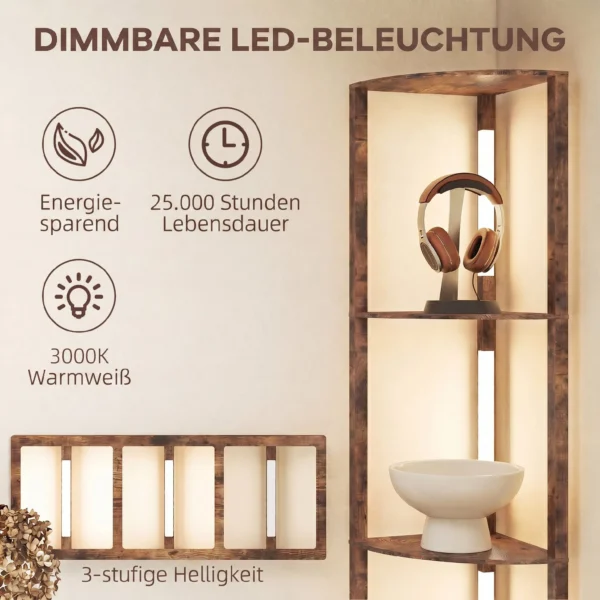 LED Stehlampe Mit Regalen, 5 stufig Dimmbare, Moderne Stehleuchte Mit 3 Helligkeitsstufen Und Fußschalter, Rustikal Braun