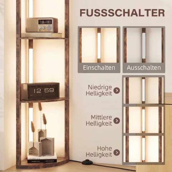 LED Stehlampe Mit Regalen, 5 stufig Dimmbare, Moderne Stehleuchte Mit 3 Helligkeitsstufen Und Fußschalter, Rustikal Braun