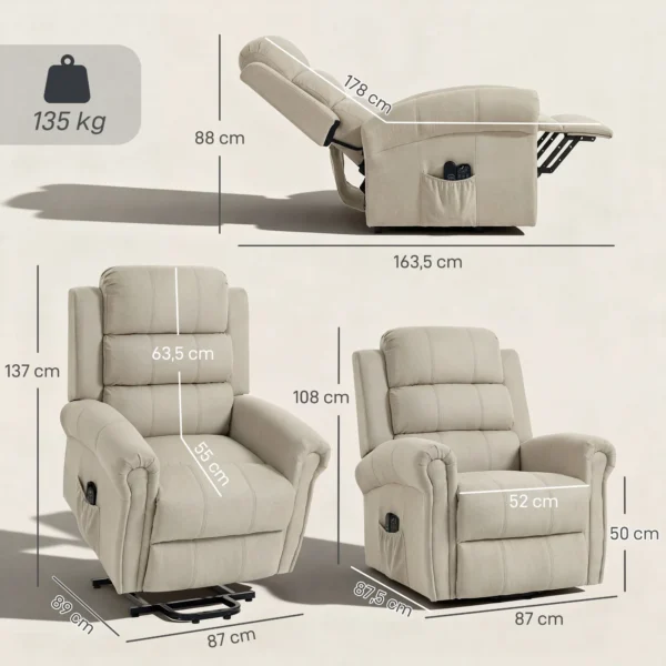 Massagesessel Mit Aufstehhilfe, Relaxsessel, Vibrationsköpfe, Mit Neigefunktion, Leinenoptik, Beige