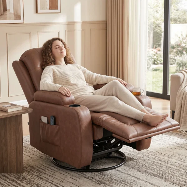 Massagesessel Mit Wärmefunktion, Drehbarer Schaukelsessel Mit Fußstütze, Hellbraun