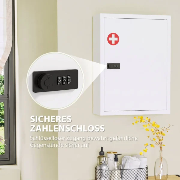 Medizinschrank Zur Wandmontage, Badezimmerschrank Mit Zahlenschloss, Tür Und Ablagefächern, Weiß