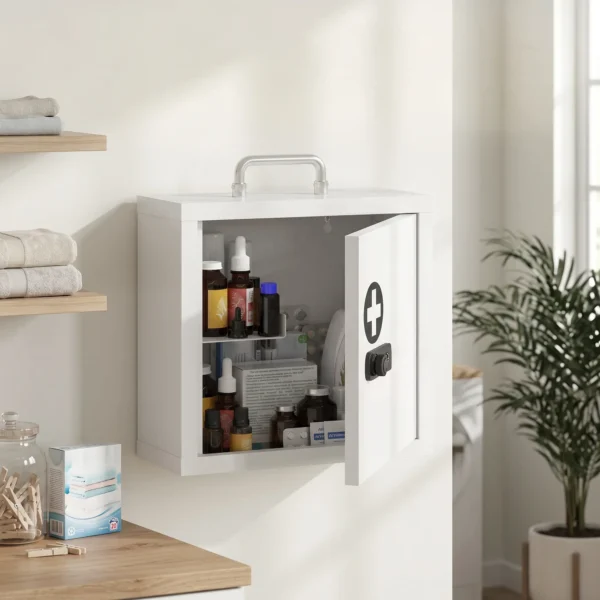Medizinschrank Zur Wandmontage Mit Zahlenschloss, 2 stufiger Erste Hilfe Schrank Aus Edelstahl, Weiß