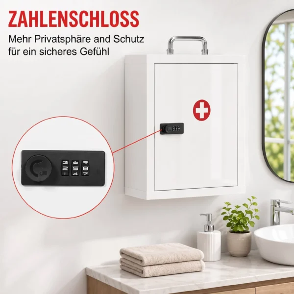 Medizinschrank Zur Wandmontage Mit Zahlenschloss, 3 Ebenen, Abschließbarer Erste Hilfe Schrank Aus Stahl, Weiß