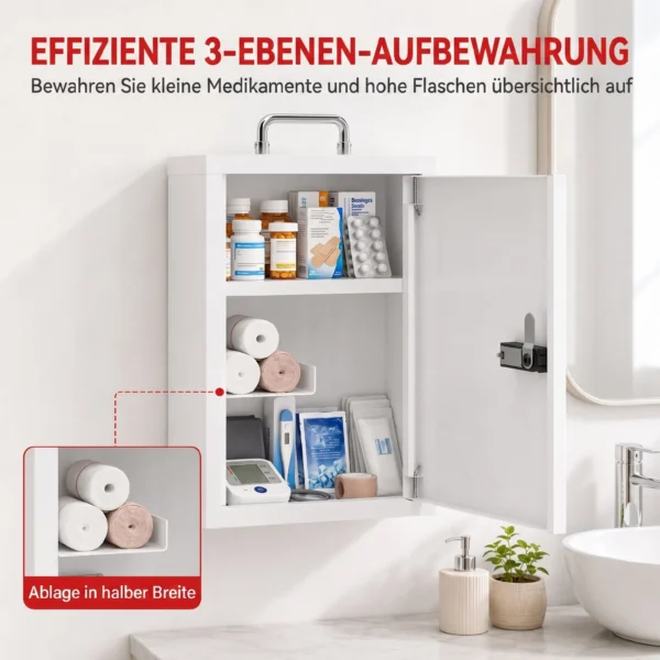 Medizinschrank Zur Wandmontage Mit Zahlenschloss, 3 Ebenen, Abschließbarer Erste Hilfe Schrank Aus Stahl, Weiß