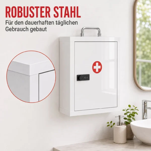 Medizinschrank Zur Wandmontage Mit Zahlenschloss, 3 Ebenen, Abschließbarer Erste Hilfe Schrank Aus Stahl, Weiß