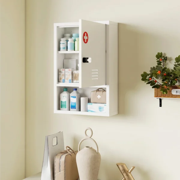 Medizinschrank Zur Wandmontage Mit Zahlenschloss Und Schlüssel, 3 stufig, Abschließbar, Weiß