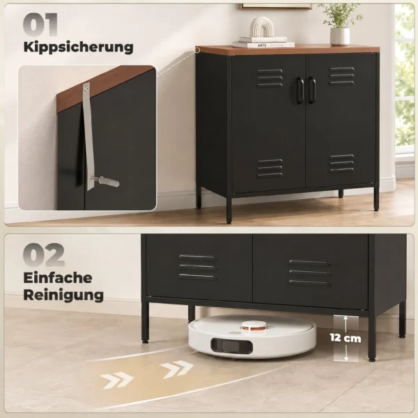 Metall Sideboard, 80x40x80 Cm, Industrielles Aufbewahrungsschrank Mit 2 Türen Und Verstellbarem Regal Für Wohnzimmer, Büro, Schwarz