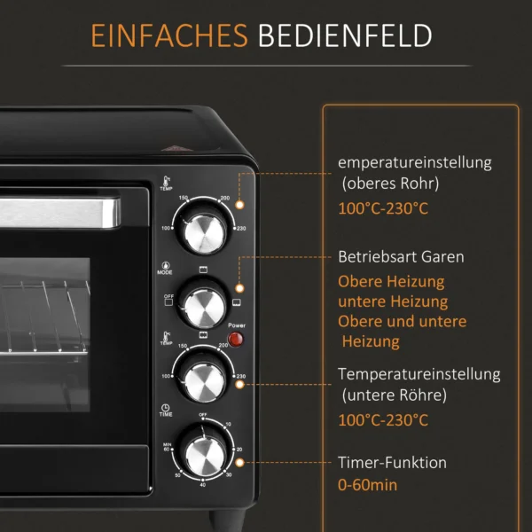 Mini Ofen Toasterofen, 1 Backblech, 1 Grilrost, Timer Funktion, Schwarz
