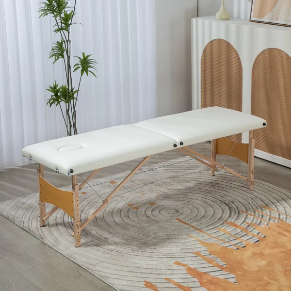 Mobile Massageliege 2 Zonen Klappbar Höhenverstellbar Massagetisch 60 Cm Breit Mit Tragetasche Holzfüßen Cremeweiß