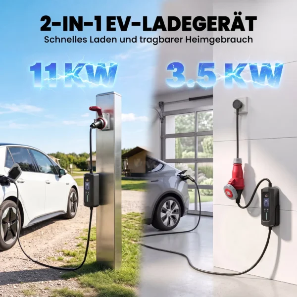 Mobile Wallbox 11kW 8m Typ 2 6–16 A 3 Phasig Ladekabel CEE 16A Auf Typ 2 Mit Einstellbarer Ladeleistung Startzeitvorwahl