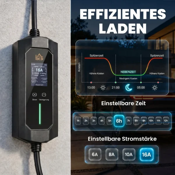 Mobile Wallbox 11kW 8m Typ 2 6–16 A 3 Phasig Ladekabel CEE 16A Auf Typ 2 Mit Einstellbarer Ladeleistung Startzeitvorwahl
