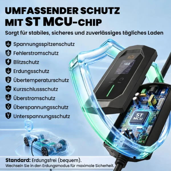 Mobile Wallbox 11kW 8m Typ 2 6–16 A 3 Phasig Ladekabel CEE 16A Auf Typ 2 Mit Einstellbarer Ladeleistung Startzeitvorwahl