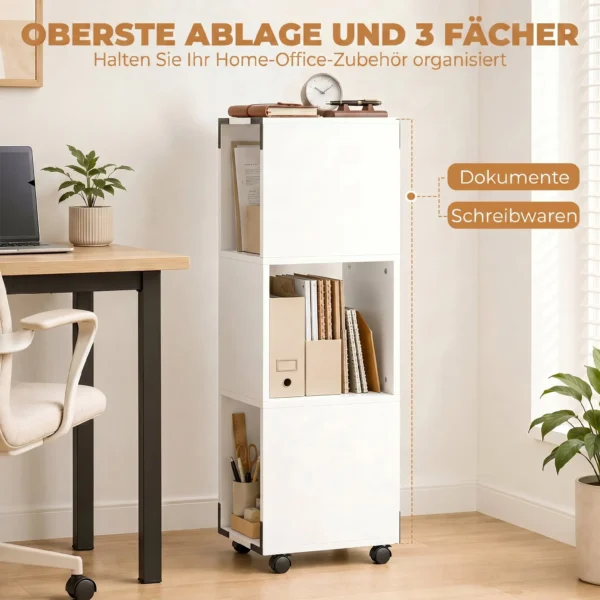 Mobiler Aktenschrank Mit 3 Offenen Fächern, Druckerablage Auf Rollen Mit 2 Bremsen, Weiß