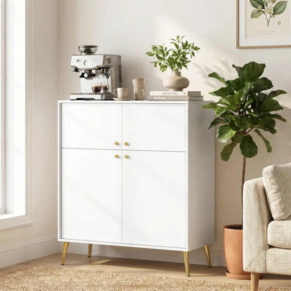 Modernes Sideboard, 105,4 Cm Buffet Mit 4 Soft Close Türen Und Metallfüßen, Für Esszimmer & Küche, Cremeweiß