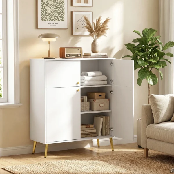 Modernes Sideboard, 105,4 Cm Buffet Mit 4 Soft Close Türen Und Metallfüßen, Für Esszimmer & Küche, Cremeweiß