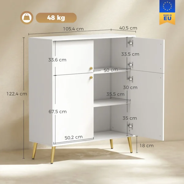 Modernes Sideboard, 105,4 Cm Buffet Mit 4 Soft Close Türen Und Metallfüßen, Für Esszimmer & Küche, Cremeweiß
