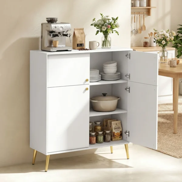 Modernes Sideboard, 105,4 Cm Buffet Mit 4 Soft Close Türen Und Metallfüßen, Für Esszimmer & Küche, Cremeweiß