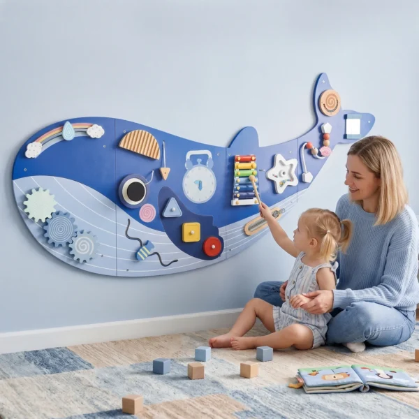 Montessori Motorikbrett 13 in 1 Holz Busy Board In Waleform Wandmontiertes Activity Board Mit Xylophon Uhr Zahnrädern