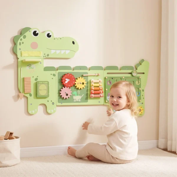Montessori Motorikbrett Holz Busy Board Dinosaurier Wandmontiertes Mit Xylophon Uhr Zahnrädern Klangstäbe