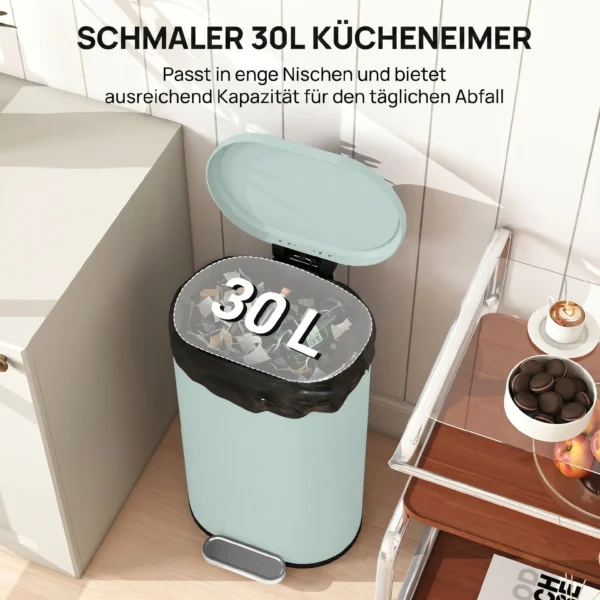 Mülleimer Küche 30 Liter Treteimer Mit Soft Close Deckel, Pedal Aus Metall, Grün, 36,5 X 31 X 61 Cm
