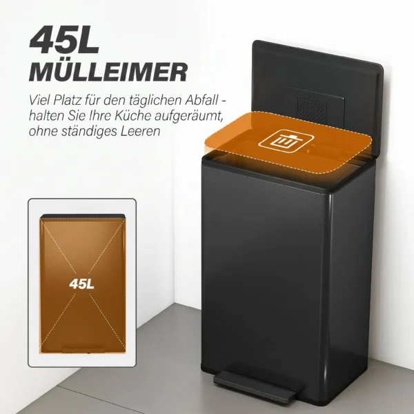 Mülleimer Küche 45 Liter Treteimer Küchenmülleimer Mit Soft Close Deckel, Herausnehmbarem Innenbehälter