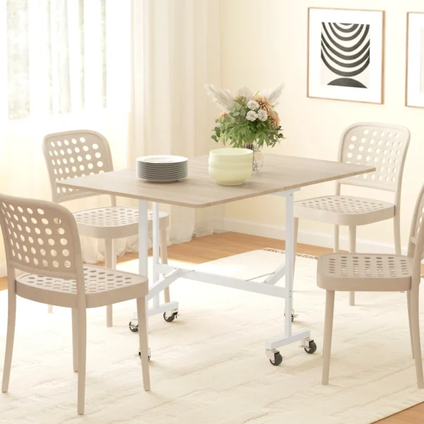 Opklapbare Eettafel, Geschikt Voor Maximaal 6 Personen, Met 6 Wielen En Remmen, Voor Kleine Ruimtes, Eiken