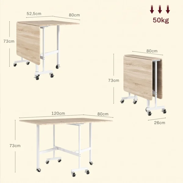Opklapbare Eettafel, Geschikt Voor Maximaal 6 Personen, Met 6 Wielen En Remmen, Voor Kleine Ruimtes, Eiken