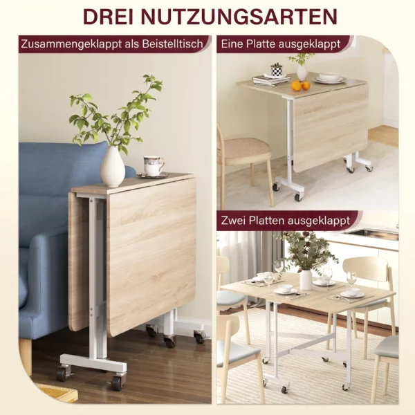 Opklapbare Eettafel, Geschikt Voor Maximaal 6 Personen, Met 6 Wielen En Remmen, Voor Kleine Ruimtes, Eiken