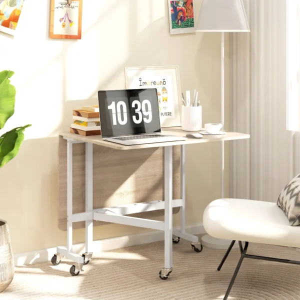 Opklapbare Eettafel, Geschikt Voor Maximaal 6 Personen, Met 6 Wielen En Remmen, Voor Kleine Ruimtes, Eiken