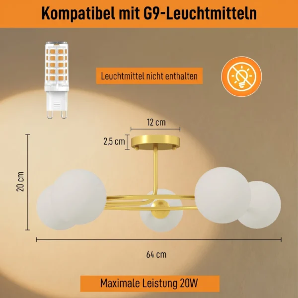 Plafondlamp 20W Met 5 G9 fittingen, Elegante Goud Wit Look, Lichtbron Niet Inbegrepen