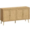 Rattan Sideboard Mit 4 Türen, Boho Küchenbuffet Mit 2 Verstellbaren Einlegeböden, Holzoptik Natur
