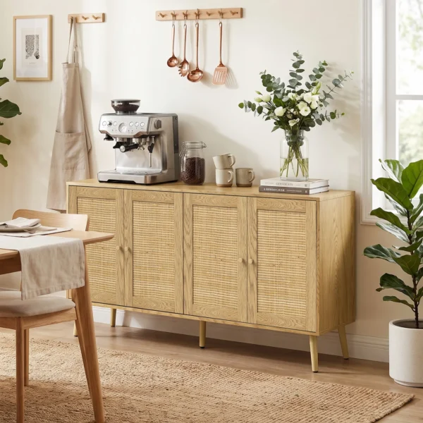 Rattan Sideboard Mit 4 Türen, Boho Küchenbuffet Mit 2 Verstellbaren Einlegeböden, Holzoptik Natur