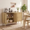 Rattan Sideboard Mit 4 Türen, Boho Küchenbuffet Mit 2 Verstellbaren Einlegeböden, Holzoptik Natur