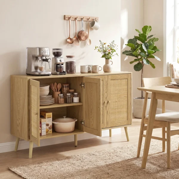 Rattan Sideboard Mit 4 Türen, Boho Küchenbuffet Mit 2 Verstellbaren Einlegeböden, Holzoptik Natur