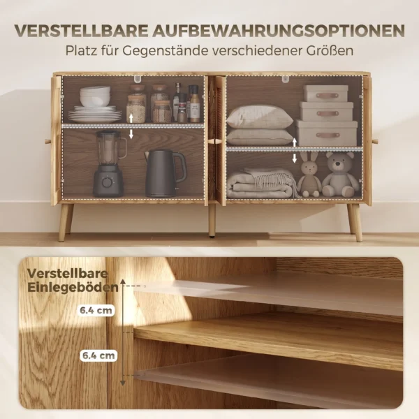 Rattan Sideboard Mit 4 Türen, Boho Küchenbuffet Mit 2 Verstellbaren Einlegeböden, Holzoptik Natur