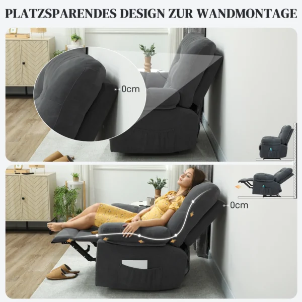 Recliner Sessel, Massage Polstersessel Mit 8 Vibrationspunkten, Verstellbare Fußstütze, Seitentasche, Lehnsessel, Grau
