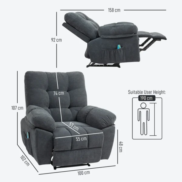 Recliner Sessel, Massage Polstersessel Mit 8 Vibrationspunkten, Verstellbare Fußstütze, Seitentasche, Lehnsessel, Grau
