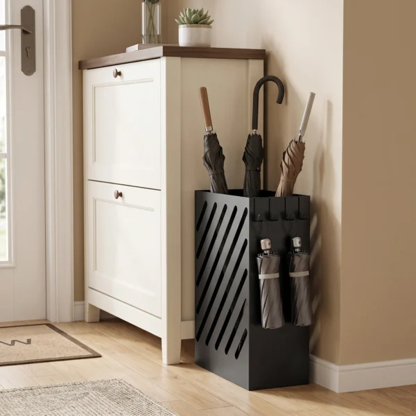 Regenschirmständer Mit Tropfschale, 4 Haken, Stahl, 28L X 14B X 41H Cm, Schwarz