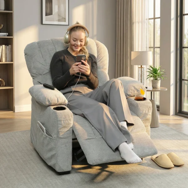 Relaxsessel Elektrisch Fernsehsessel Mit Liegefunktion, USB, Getränkehalter, 2 Memory Positionen Für Wohnzimmer, Grau