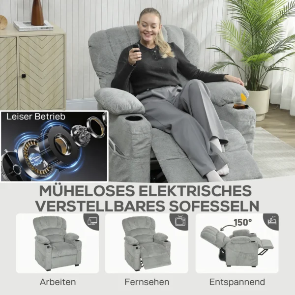 Relaxsessel Elektrisch Fernsehsessel Mit Liegefunktion, USB, Getränkehalter, 2 Memory Positionen Für Wohnzimmer, Grau