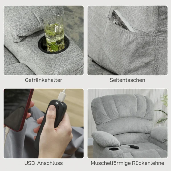 Relaxsessel Elektrisch Fernsehsessel Mit Liegefunktion, USB, Getränkehalter, 2 Memory Positionen Für Wohnzimmer, Grau