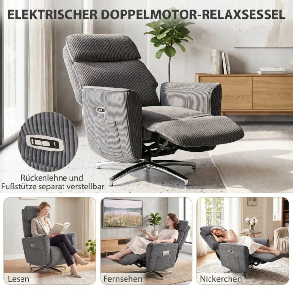 Relaxsessel Elektrisch Verstellbar Fernsessel Mit Liegefunktion, 2 Motoren Drehbar TV Sessel Mit USB Anschluss