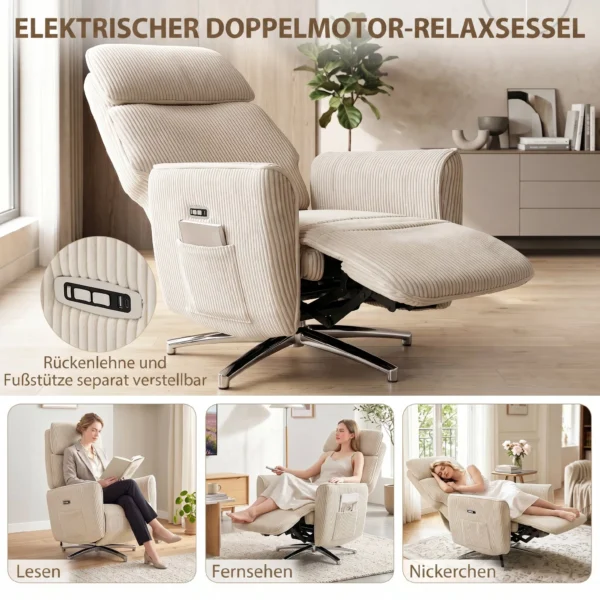Relaxsessel Elektrisch Verstellbar Fernsessel Mit Liegefunktion, 2 Motoren Drehbar TV Sessel Mit USB Anschluss