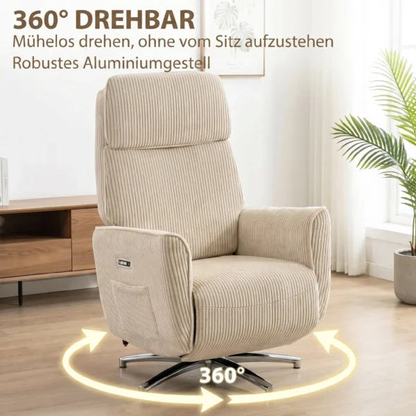 Relaxsessel Elektrisch Verstellbar Fernsessel Mit Liegefunktion, 2 Motoren Drehbar TV Sessel Mit USB Anschluss
