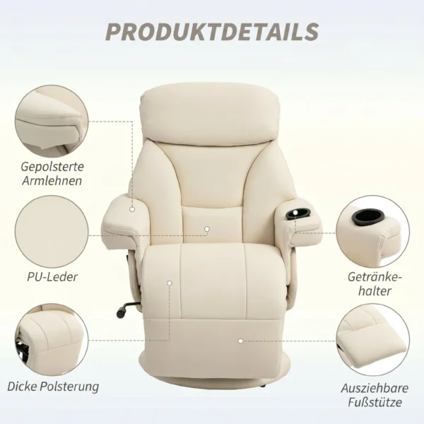 Relaxsessel Mit Liegefunktion Fernsehsessel Mit Seitentasche, Becherhalter Für Wohnzimmer Schlafzimmer Creme